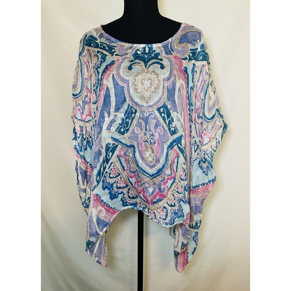 Chico's 100% Linen Poncho Pastel Paisley Boho Top Oversized Women's S/M - Picture 1 of 12